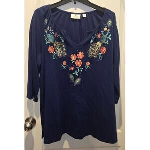 Quacker Factory Embroidered Peacock Shirt Embellished Top blue Women’s Plus 1X